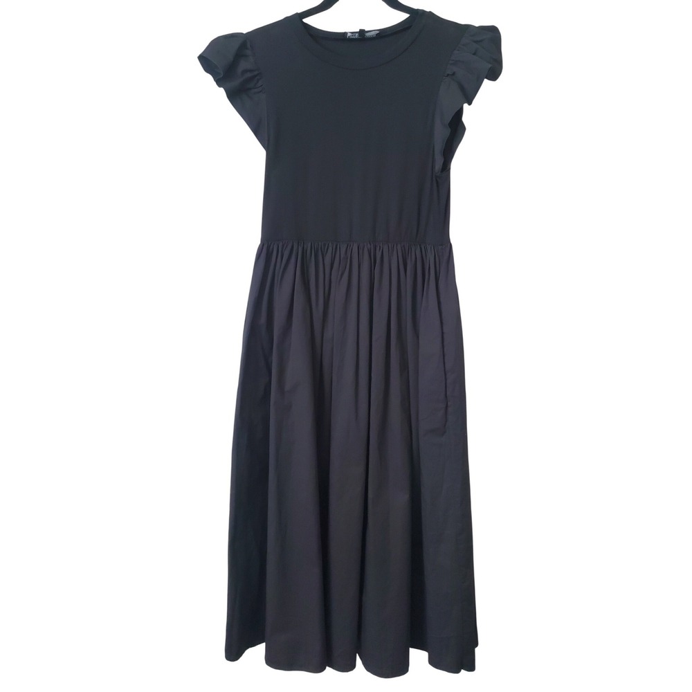 En‎ Saison Black Sammy Ruffle Cap Sleeve Midi Dress Cotton Pockets Small
